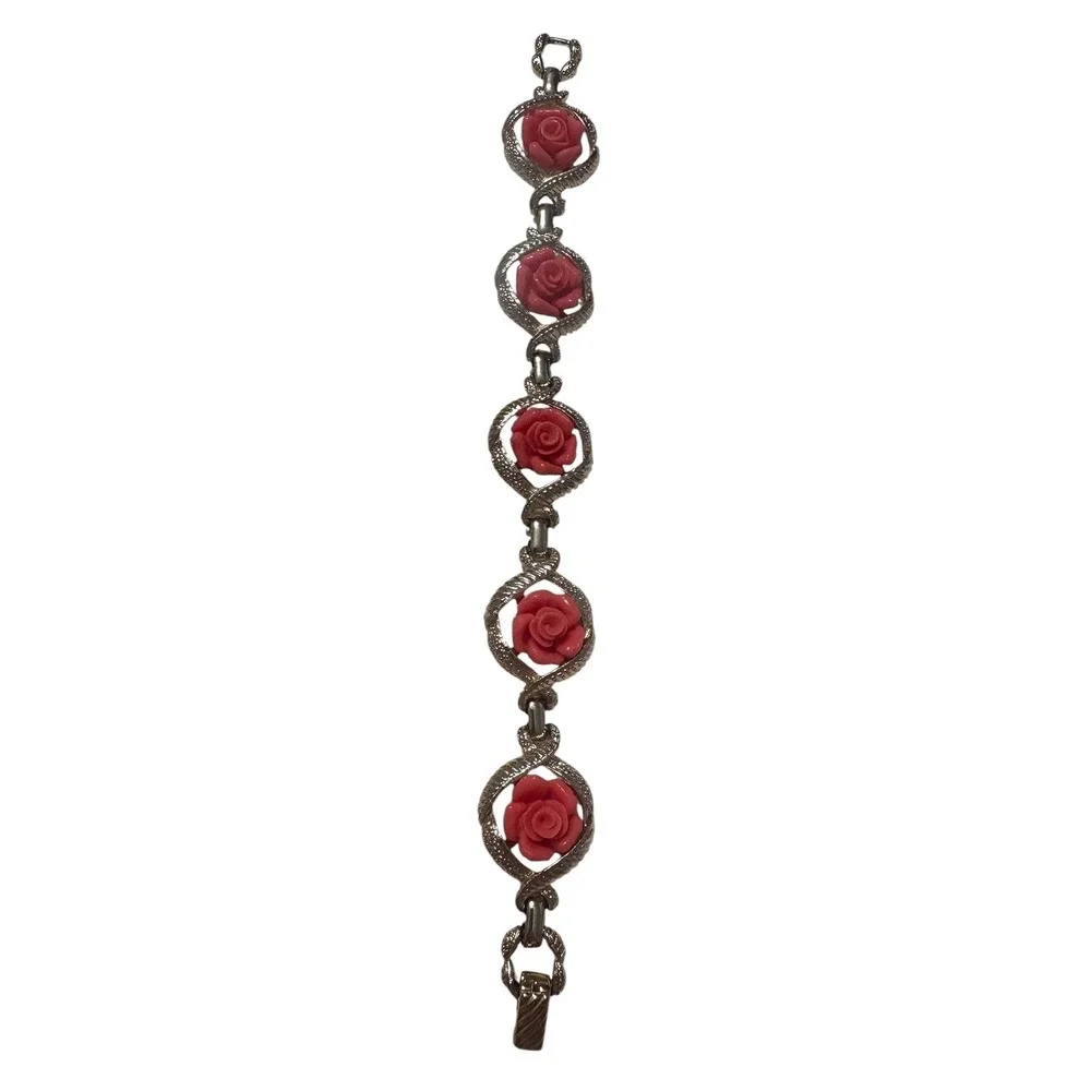 Vintage Sarah Coventry Coral Rose Jewelry Set Necklace Bracelet Clip Earrings - Picture 7 of 15